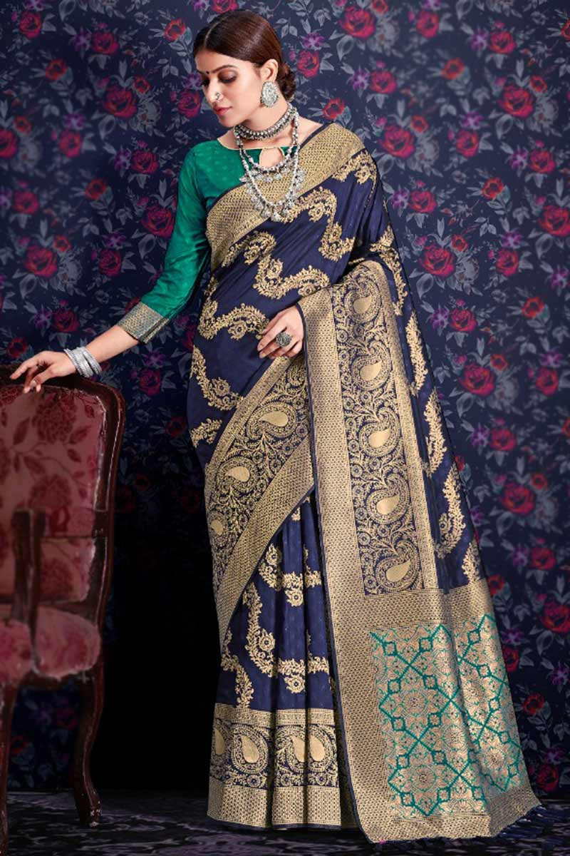 Dark Blue Pure Soft Silk Saree With Copper And Golden Zari Weaved Bord –  Shivansh Fab