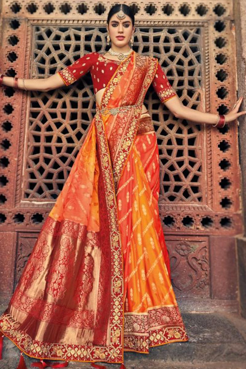 MIMOSA Art silk Wedding saree Kanjivarm Pattu style With Contrast Blouse  Color: Orange (4309-312-GR-PCH-RMA) : Amazon.in: Fashion