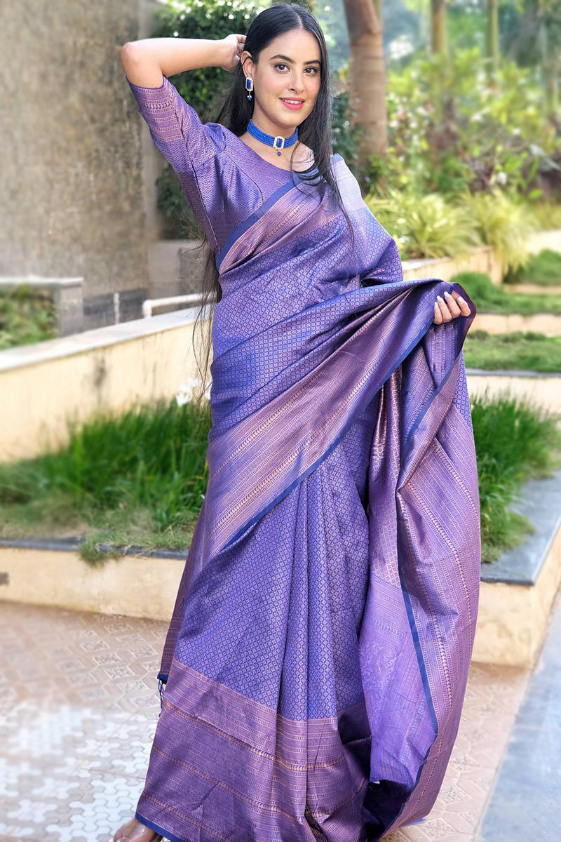 Weaved Thread Work Party Wear Saree in Royal Blue Soft Silk