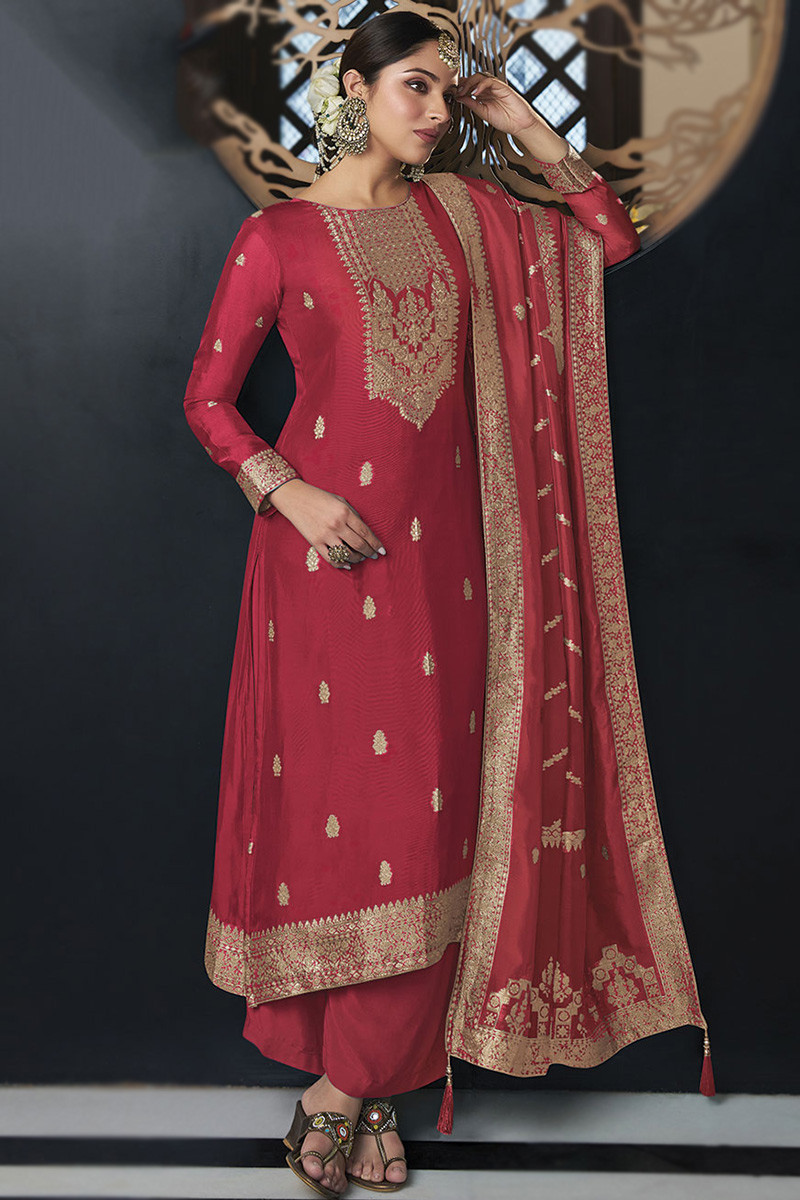 Woven Zari Viscose Silk Brick Red Straight Cut Palazzo Suit LSTV126785