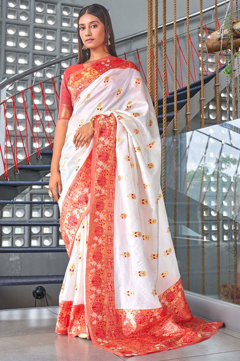White saree with clearance red border wedding