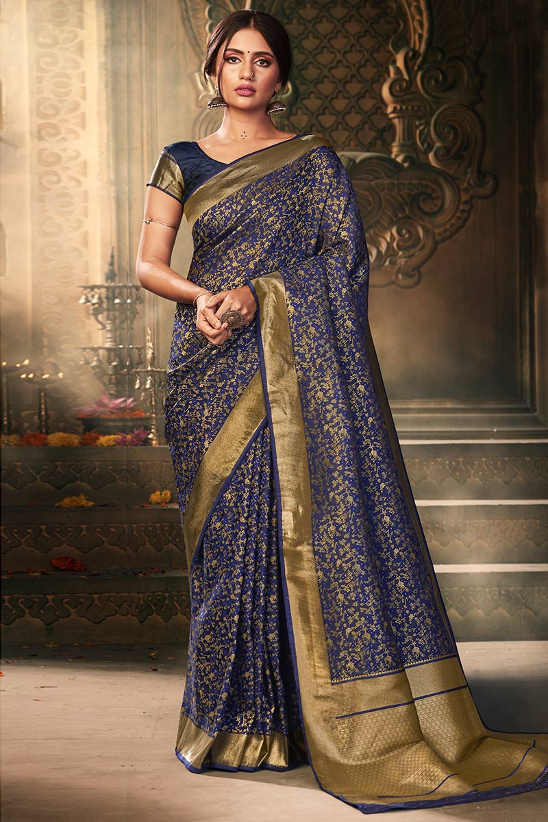 Dark blue and gold saree top
