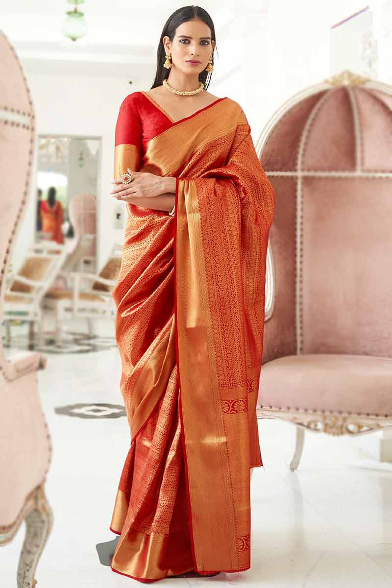 Custom Fit Woven Zari Silk Red Saree|SARV121018