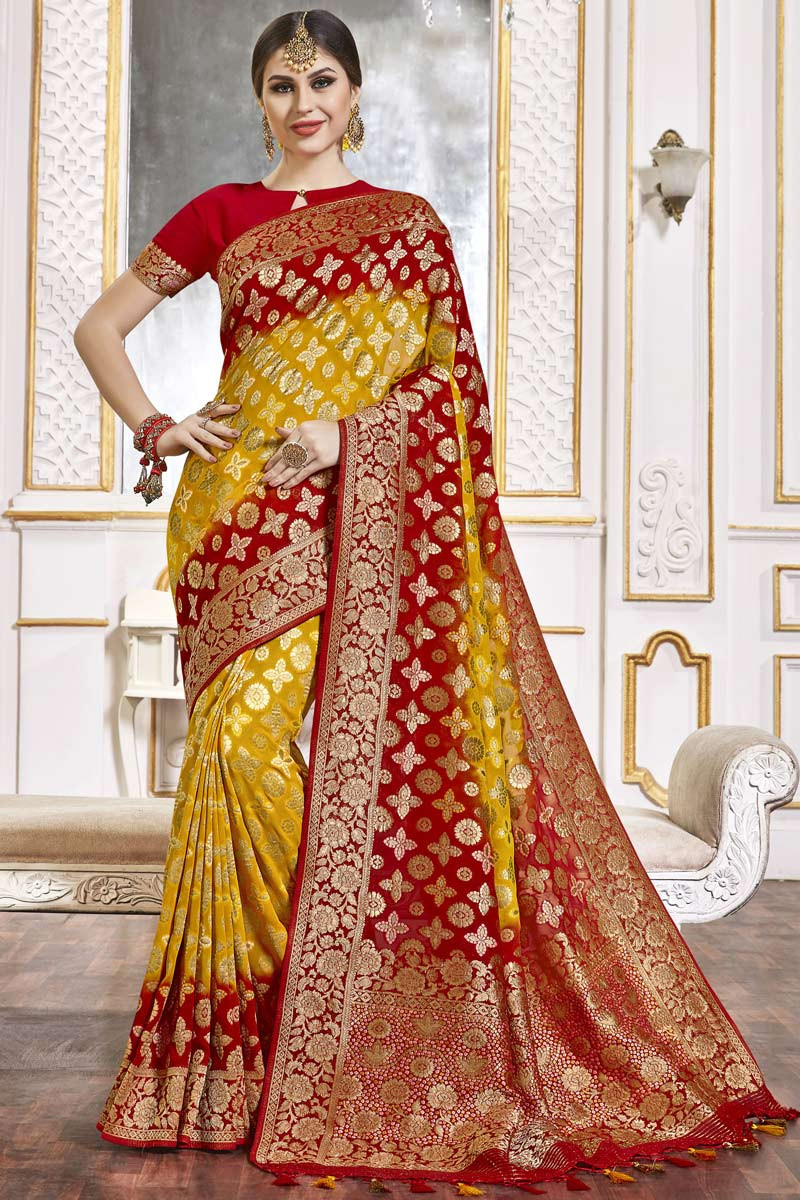 Buy MANOHARI Women's Banarasi Silk Woven Saree Yellow & Red With Unstitched  Blouse Piece Online at Best Prices in India - JioMart.