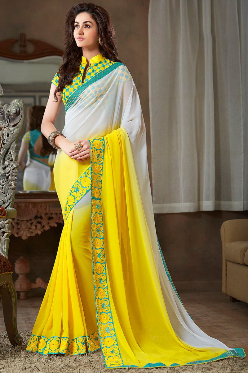 Buy Siril Printed, Striped Leheria Georgette White, Yellow Sarees Online @  Best Price In India | Flipkart.com