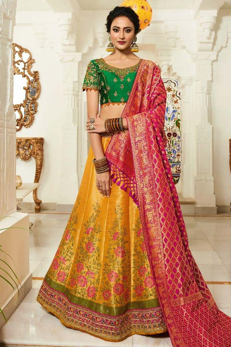 Yellow Banarasi Silk Lehenga with Silk Choli