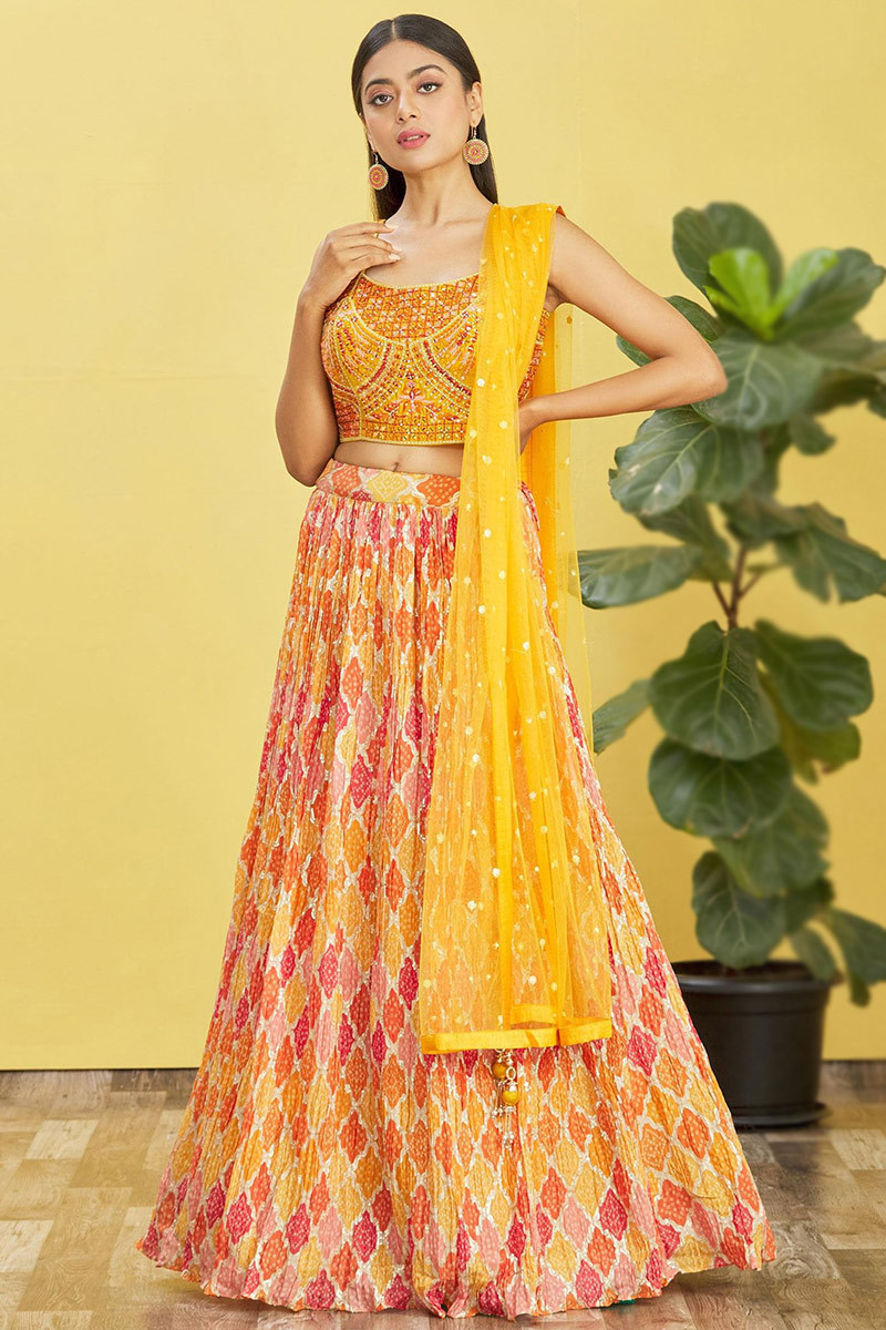 Buy Yellow Silk Chanderi V Neck Bandhani Lehenga Set For Women by PUNIT  BALANA Online at Aza Fashions.
