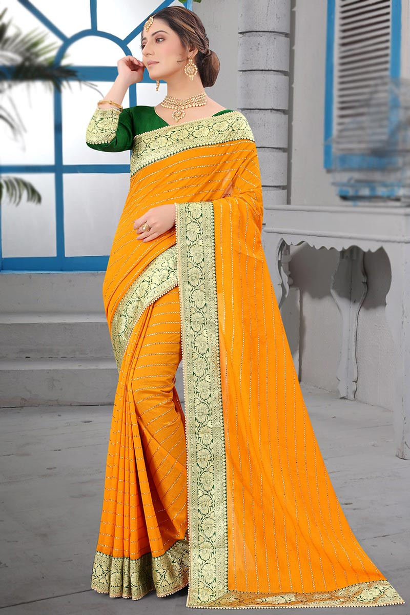 Buy Geroo Jaipur Yellow Shaded Hand Embroidered Gota Jaal Chiffon Saree  online