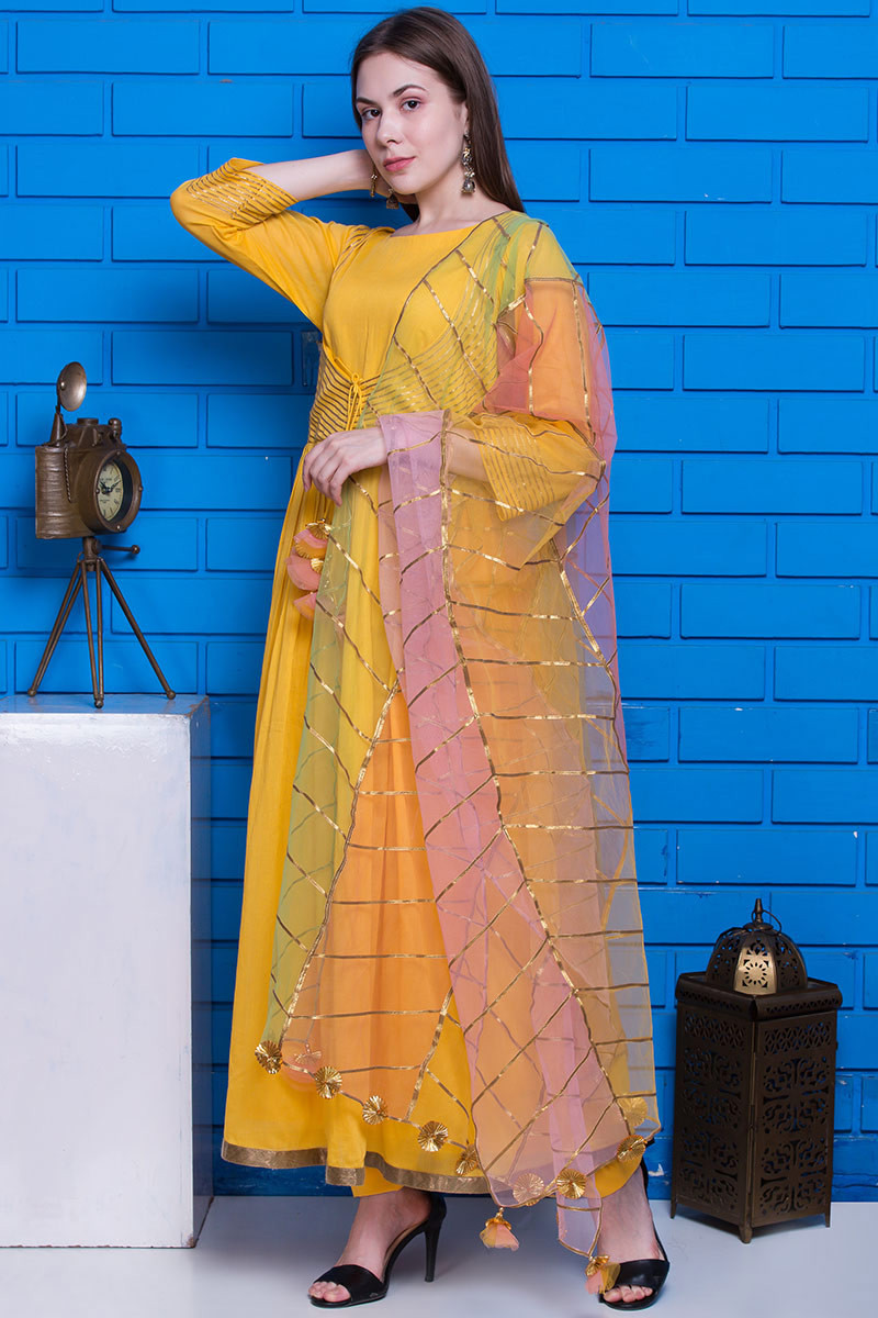 Women Mustard Yellow Cotton Anarkali Kurta with Pants & Dupatta by Kis –  Trendia