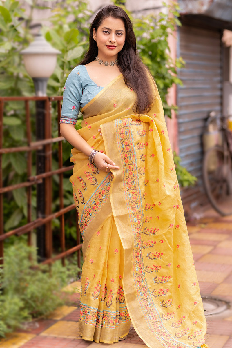 Yellow Floral Print Chiffon Fabric Saree