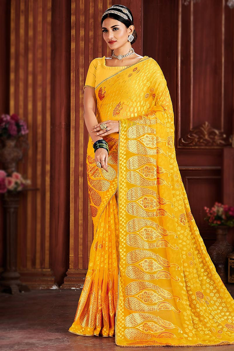 Buy PinkEVE Printed Daily Wear Chiffon, Brasso Yellow Sarees Online @ Best  Price In India | Flipkart.com
