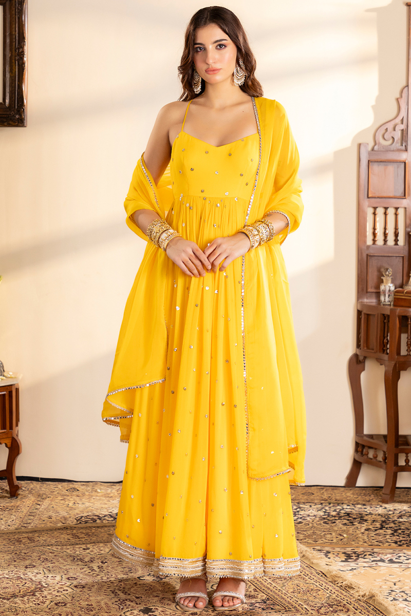Yellow Georgette Anarkali Suit with Sequins for Haldi