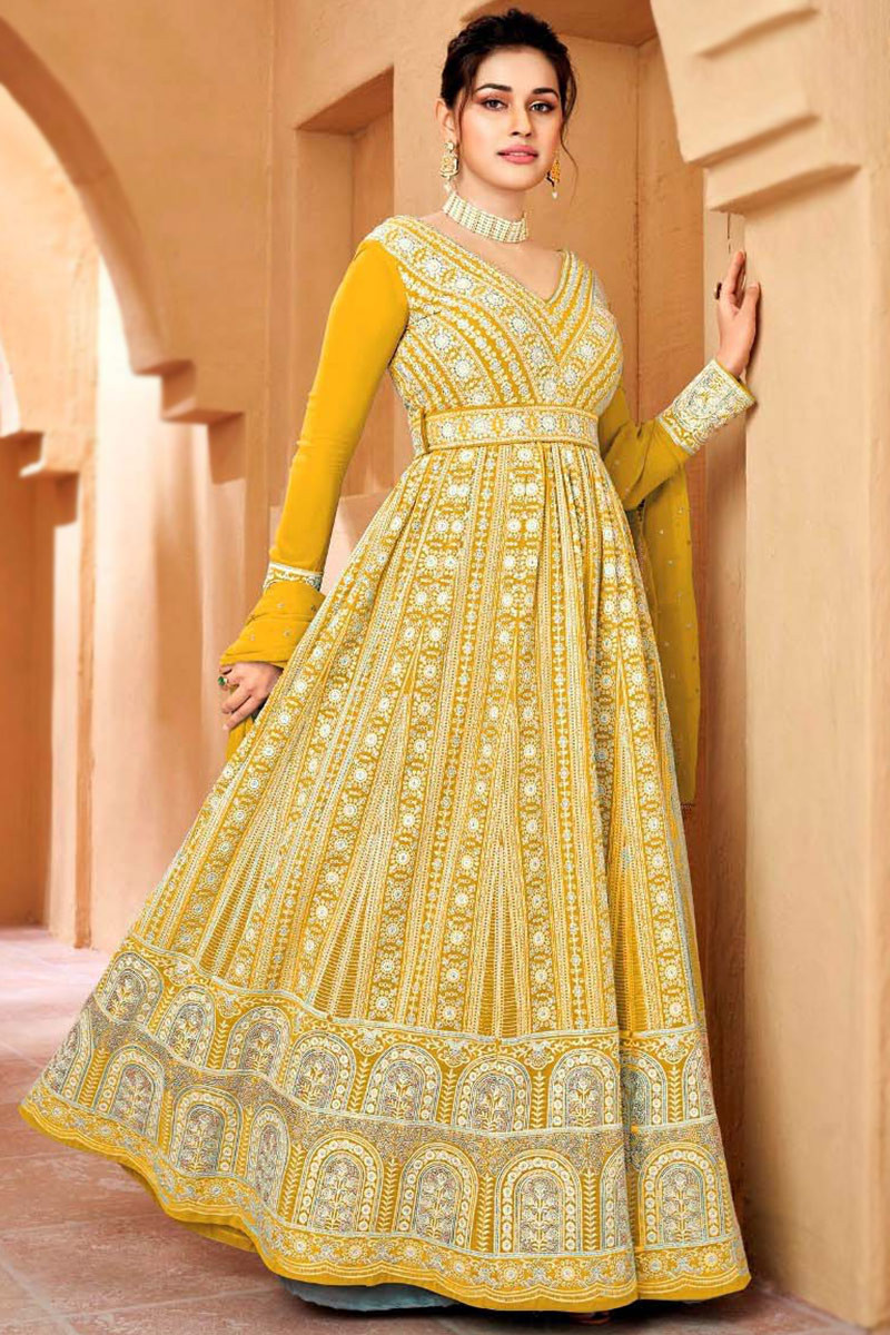 Georgette Yellow Anarkali Suit LSTV122577