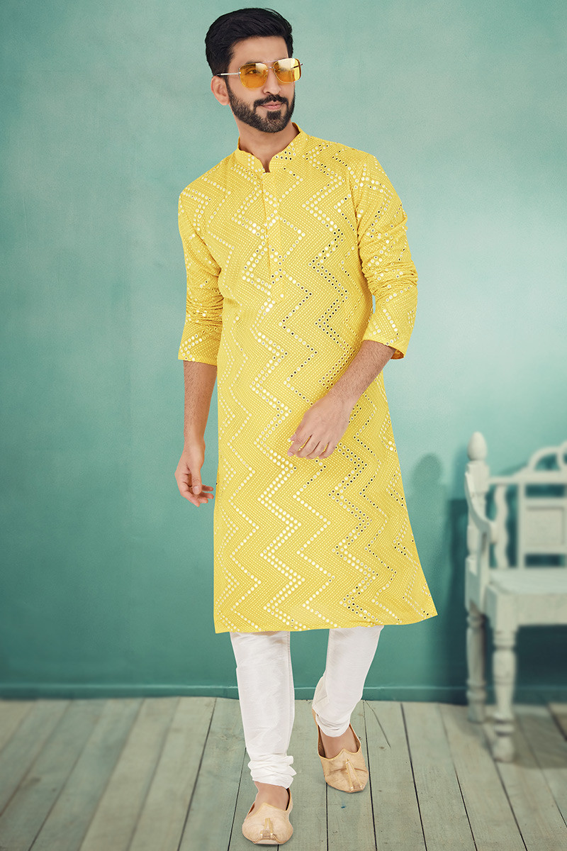 Yellow Georgette Embroidered Men Kurta Pajama