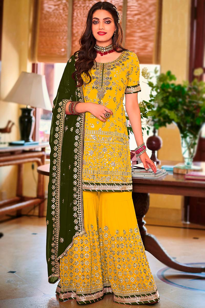 Georgette Sharara Suit with Resham Work in Yellow for Party