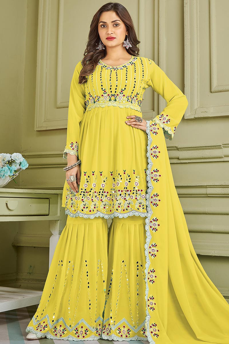 yellow georgette embroidered sharara suit lstv118332 1
