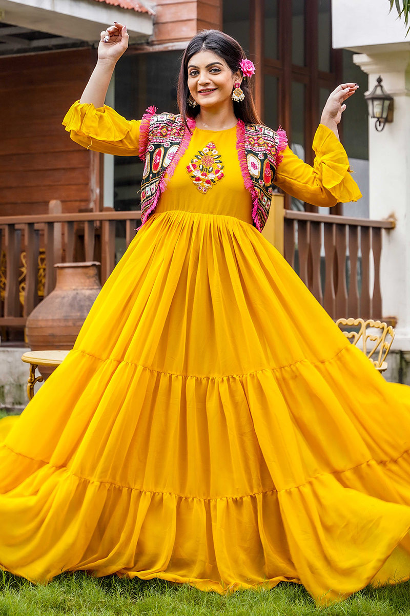 Buy Yellow Georgette Embroidered Gown LSTV122974