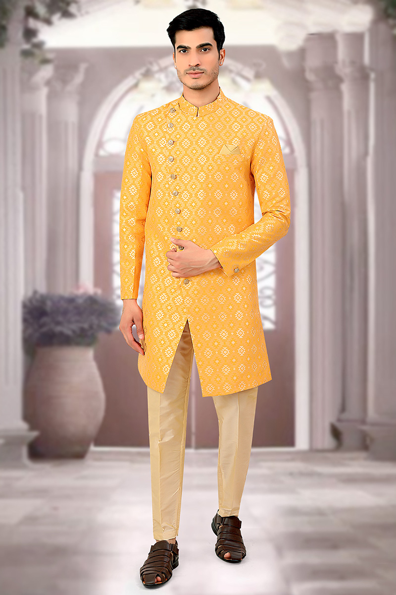 Yellow Jacquard Indo-Western Men Sherwani