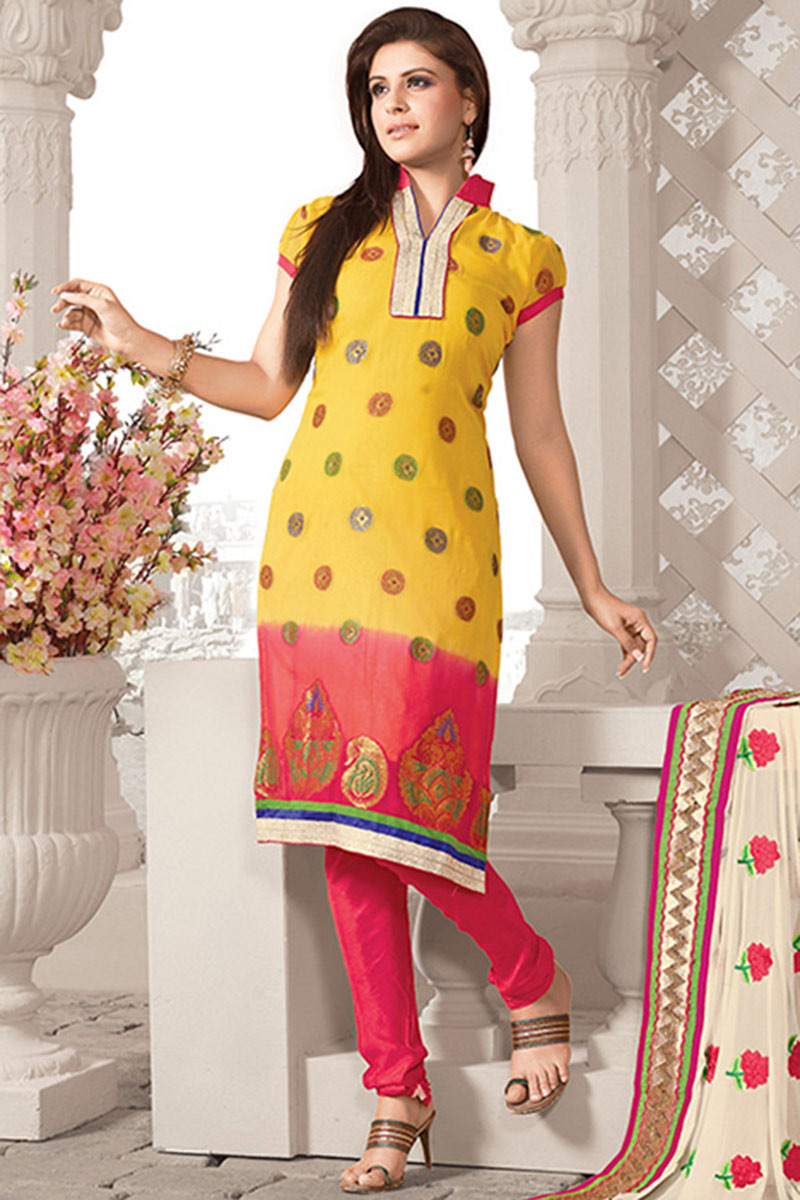 Fashion Guide Churidar Suit in Yellow Embroidered Fabric LSTV08239
