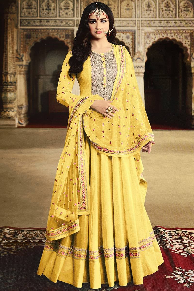 Yellow Raw Silk Wedding Wear Anarkali Suit With Zari Work