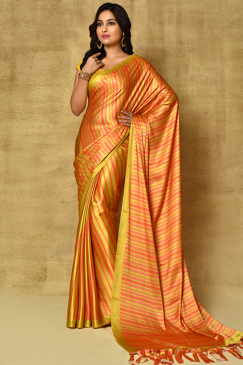 Yellow Satin Silk Printed Saree
