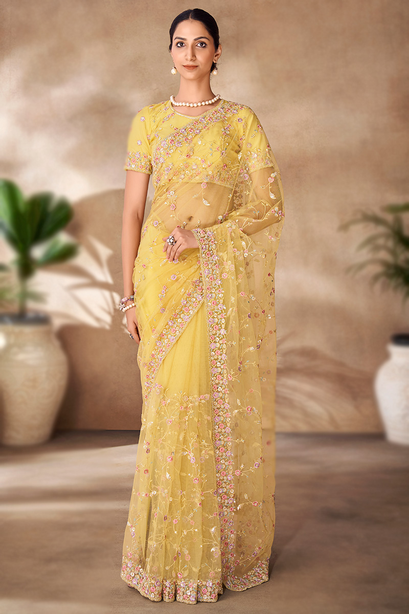Yellow sequins Embroidered Light Weight Net Saree 