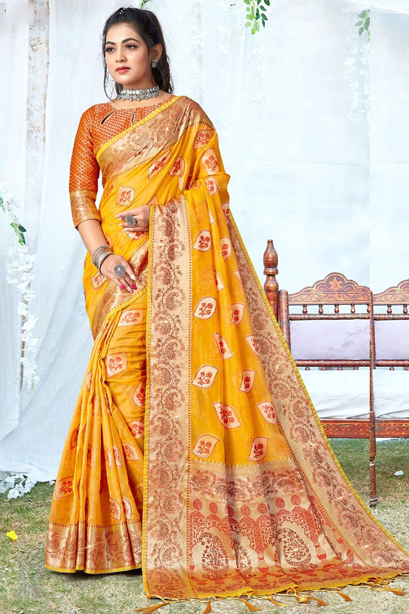 Yellow Traditional Weaved Zari Organza Saree