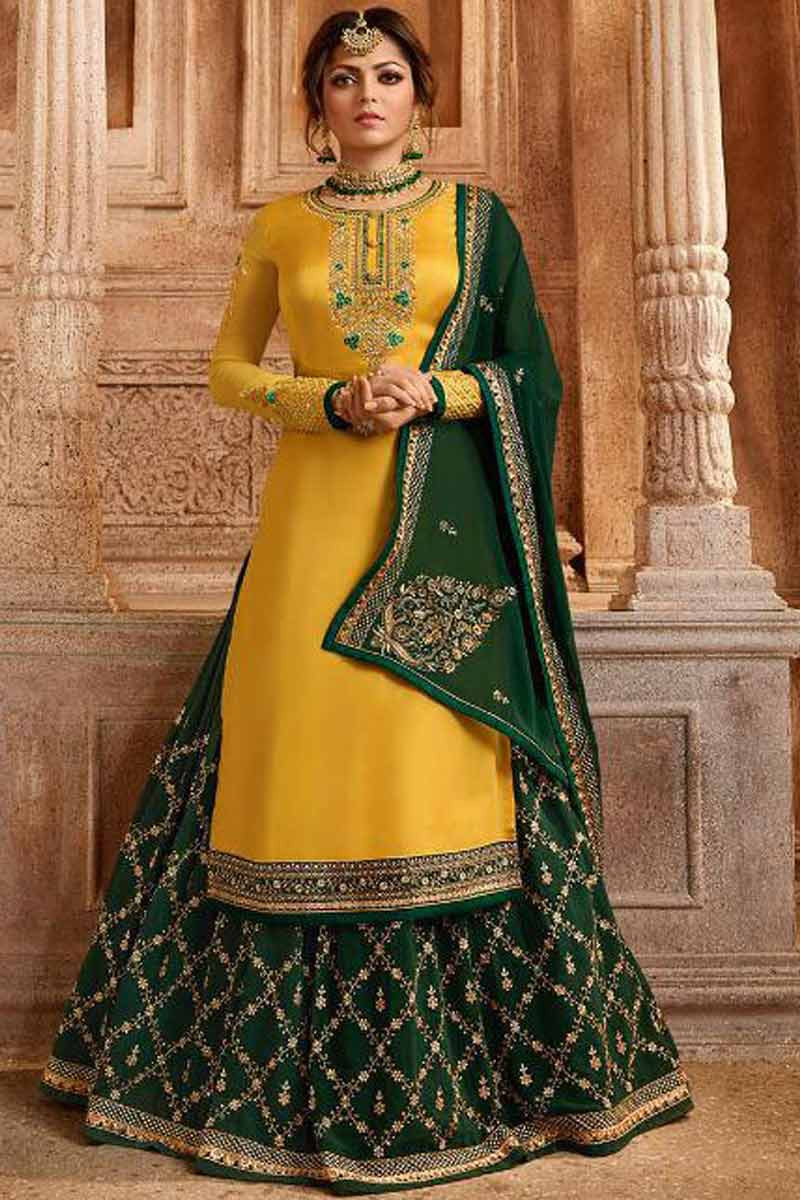 Buy Yellow With Dark Green Lehenga Choli Online - LSTV02629