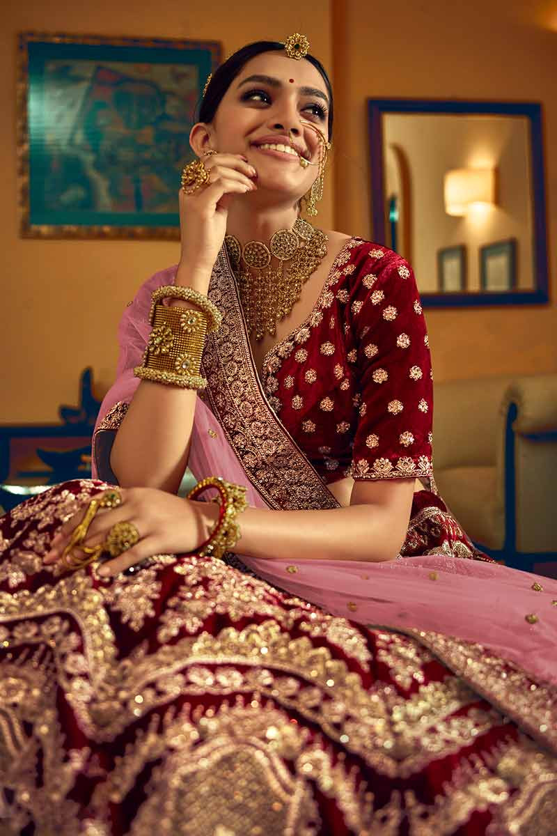 Golden Maroon Lehenga Bridal Pakistani Wedding Dresses – Nameera by Farooq