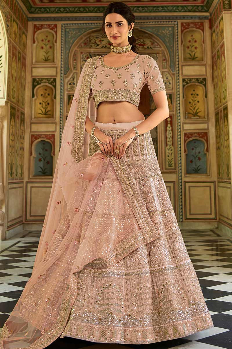 Zari Embroidered Art Silk Dusty Pink Lehenga