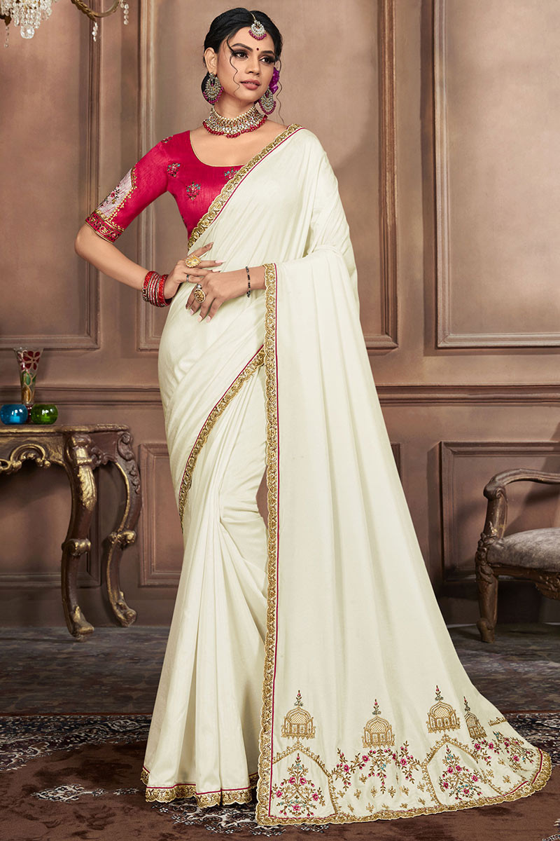 Off white Saree with Printed,lace Art silk - SR23606-totobed.com.vn