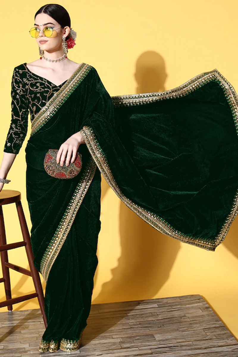 Georgette Party Wear Bottle Green Velvet Saree, 6.3 m (with blouse piece)  at Rs 2599/piece in Surat
