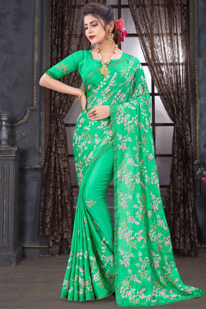 Buy Pista Green Threadwork Chiffon Saree - Koskii