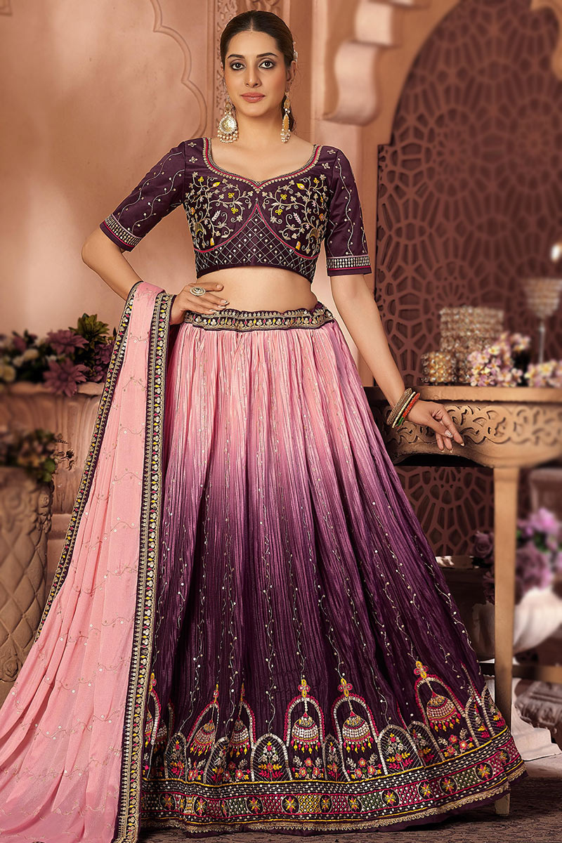 Zari Embroidered Chinnon Salmon Peach Lehenga