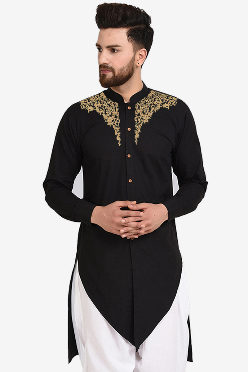 Zari Embroidered Cotton Black Men Kurta