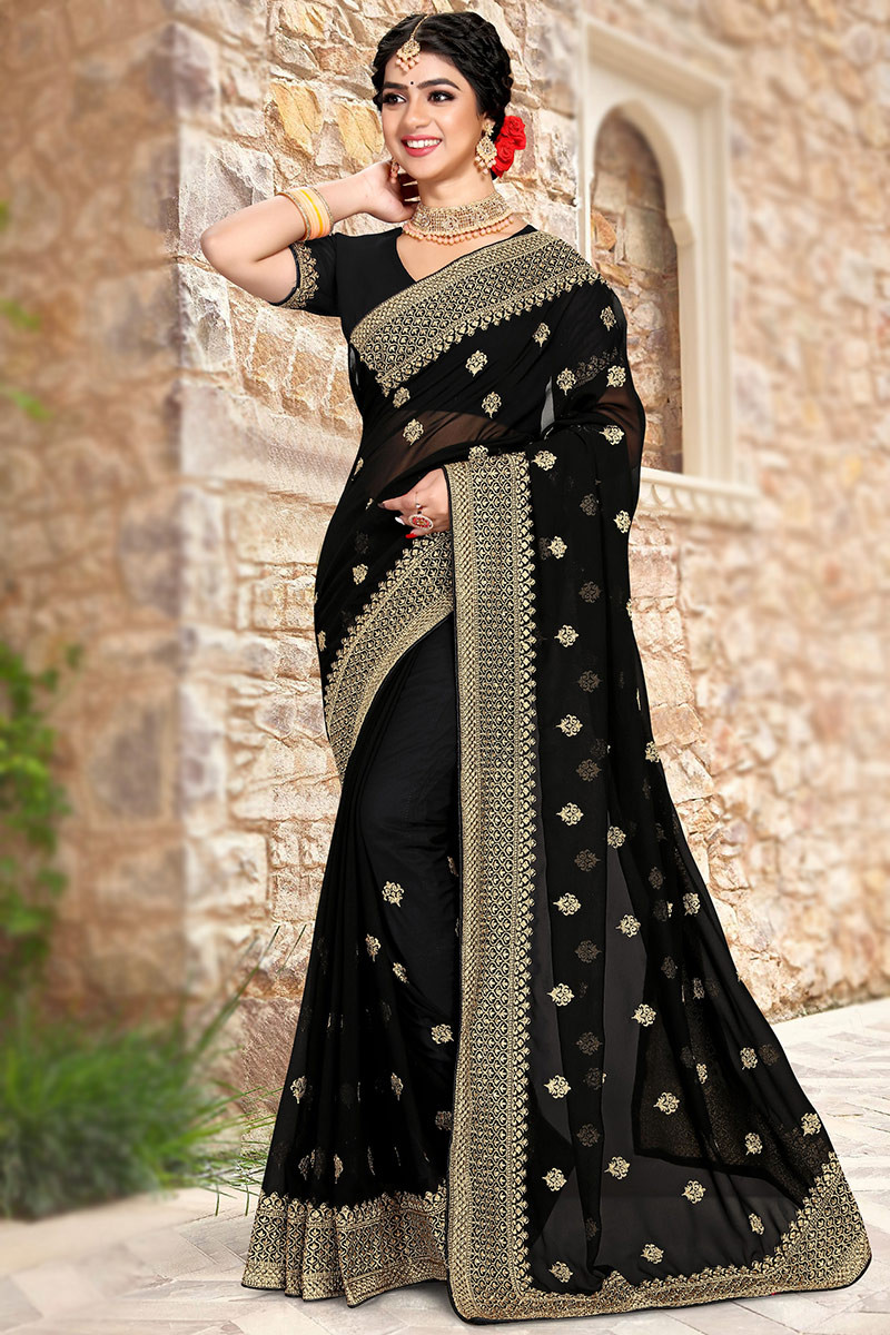 Black Georgette Traditional Saree with Stone Work