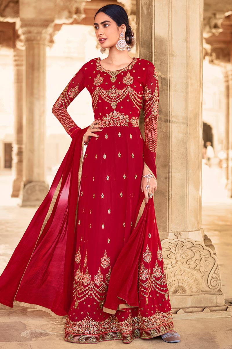 Zari Embroidered Georgette Deep Red Anarkali Suit