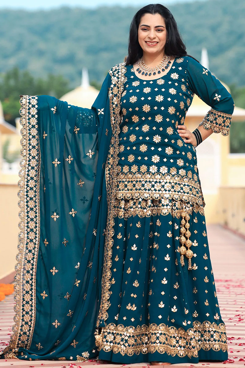 Zari Embroidered Georgette Prussian Blue Lehenga