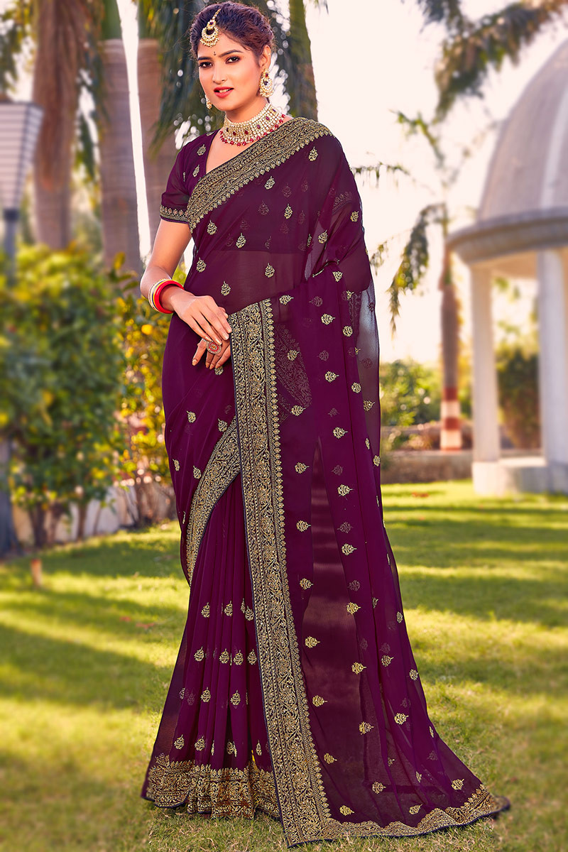 zari embroidered georgette royal purple saree sarv151943 1