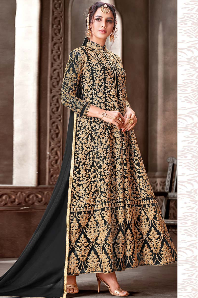 Buy Navy Blue Silk Long Anarkali Gown with Floral Work Dupatta Online