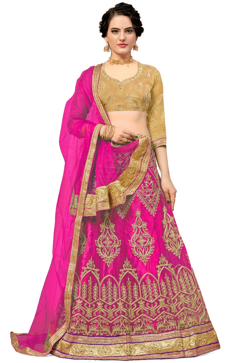 Zari Embroidered Net Magenta Pink Wedding Lehenga