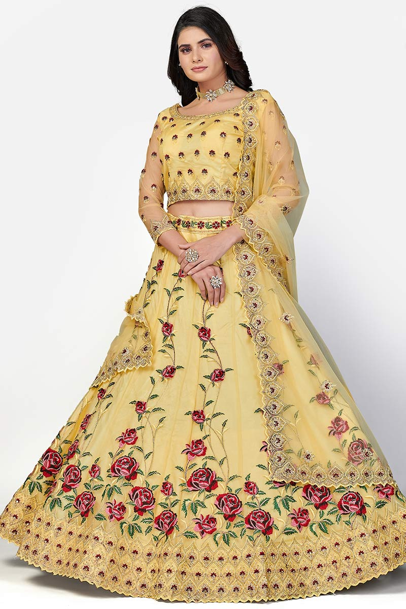 Lehenga for Bridesmaid Wear in Net Mustard Yellow with Zari Work