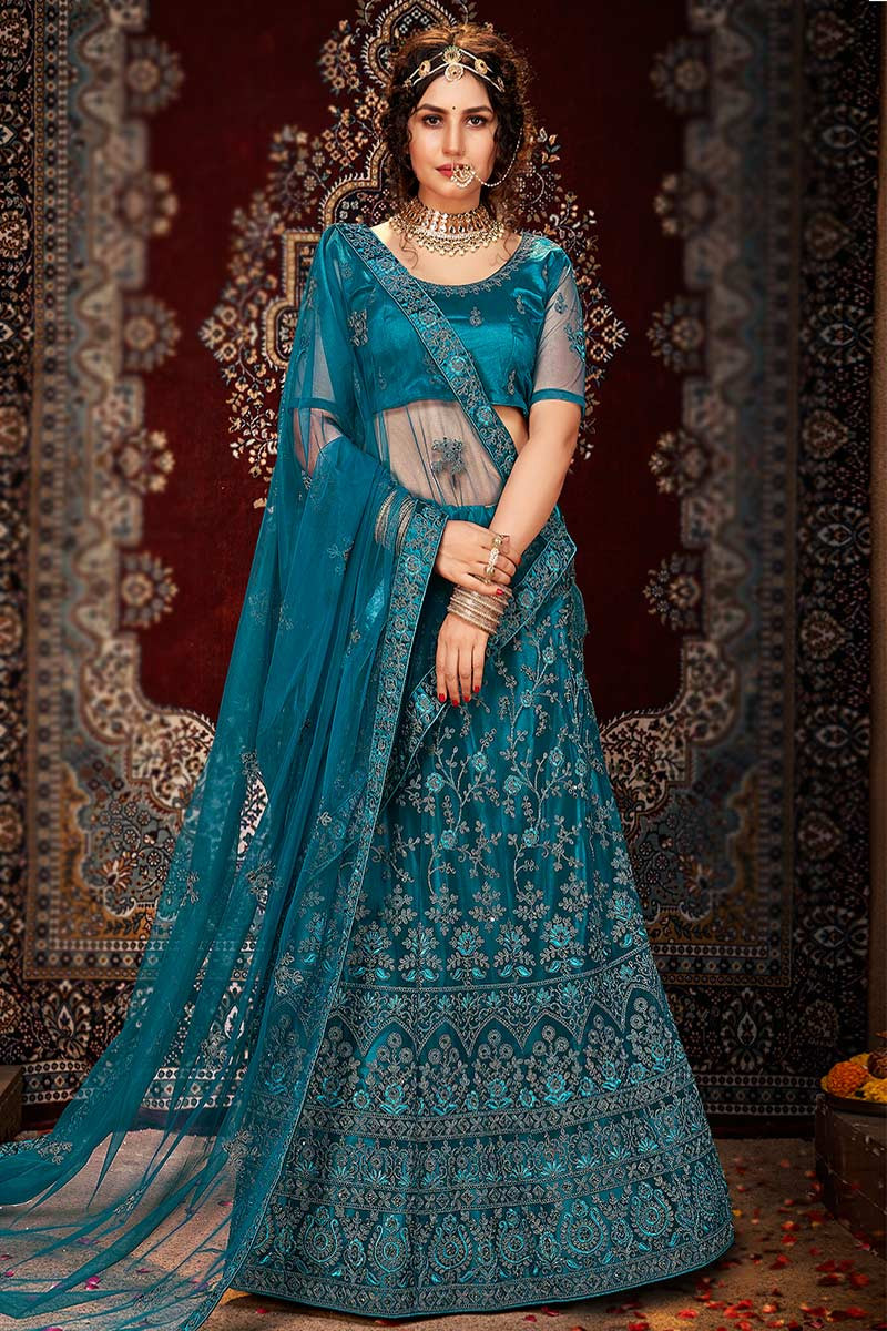Copper Gold & Blue Silk Designer Bridal Lehenga Choli Online USA India –  Sunasa