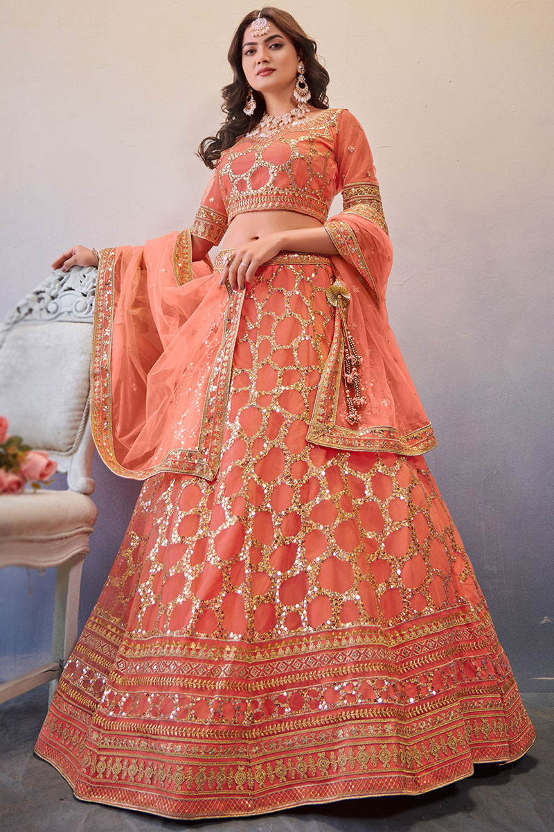 Zari Embroidered Net Salmon Orange Lehenga