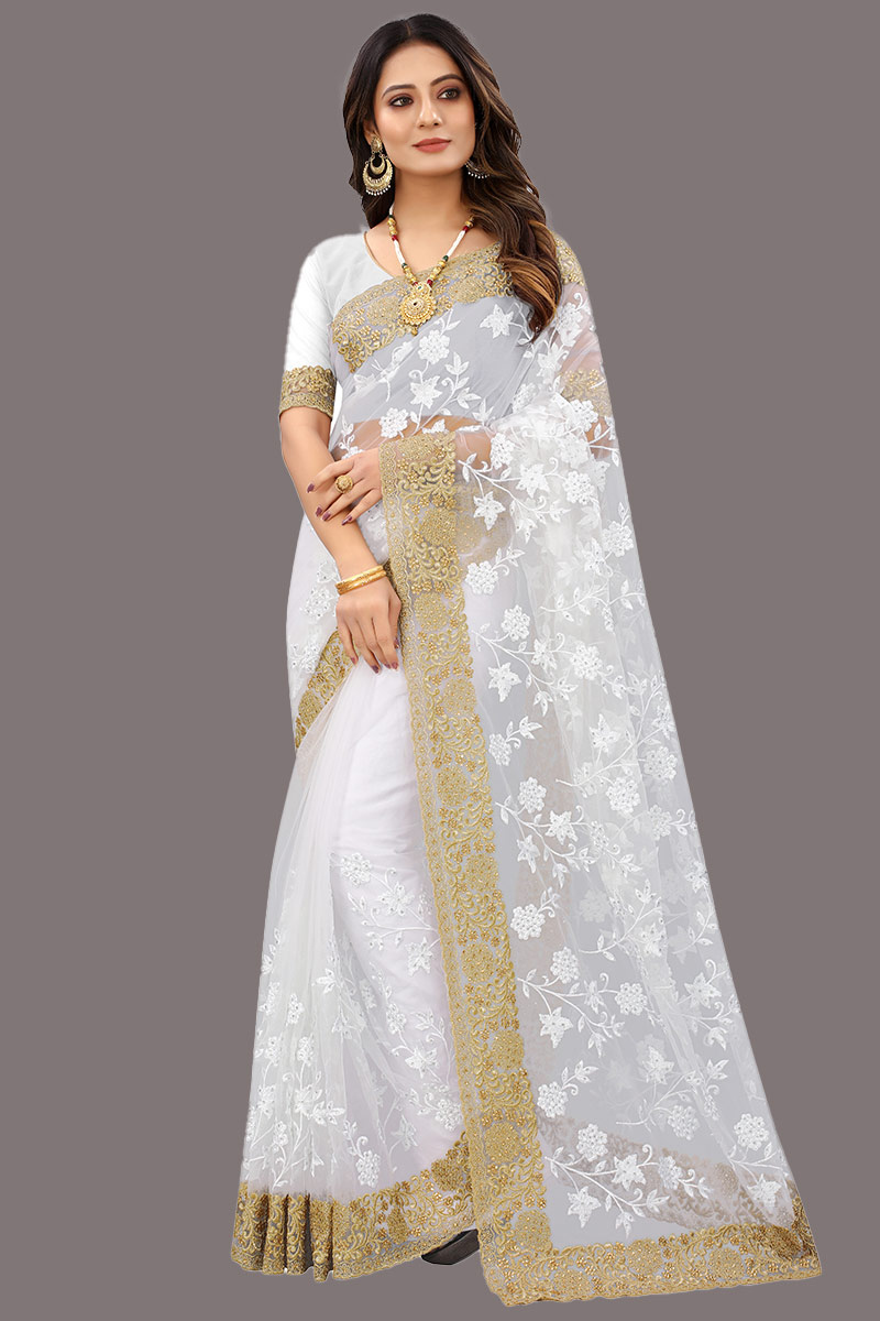 Zari Embroidered Net White Saree