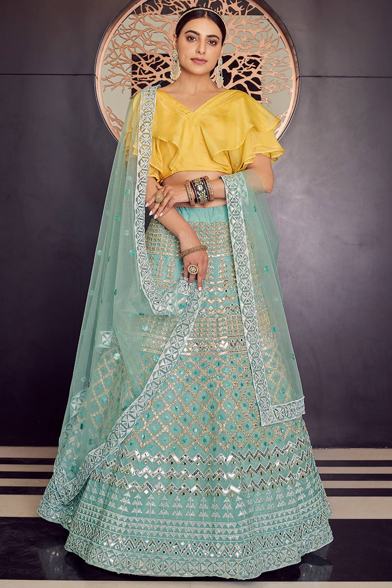 Zari Embroidered Organza Seafoam Green Lehenga