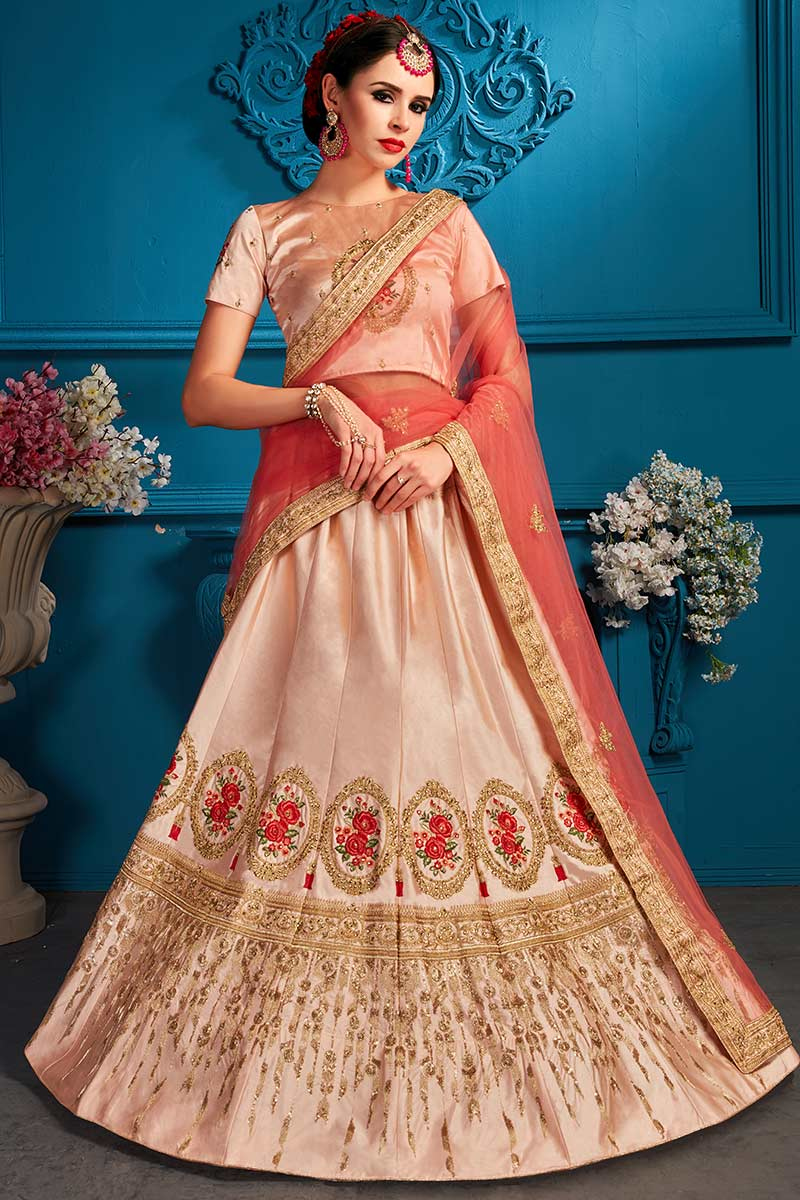 Zari Embroidered Satin Light Peach Lehenga