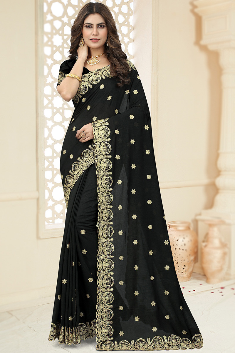 Buy Hari Mirch Women Soft Net Black Colour Saree and 3MM Sequence Work With  Mirror Work Designer Lace Border With Banglori Silk Solid Blouse Peice |  Party Wear Saree Women | Black