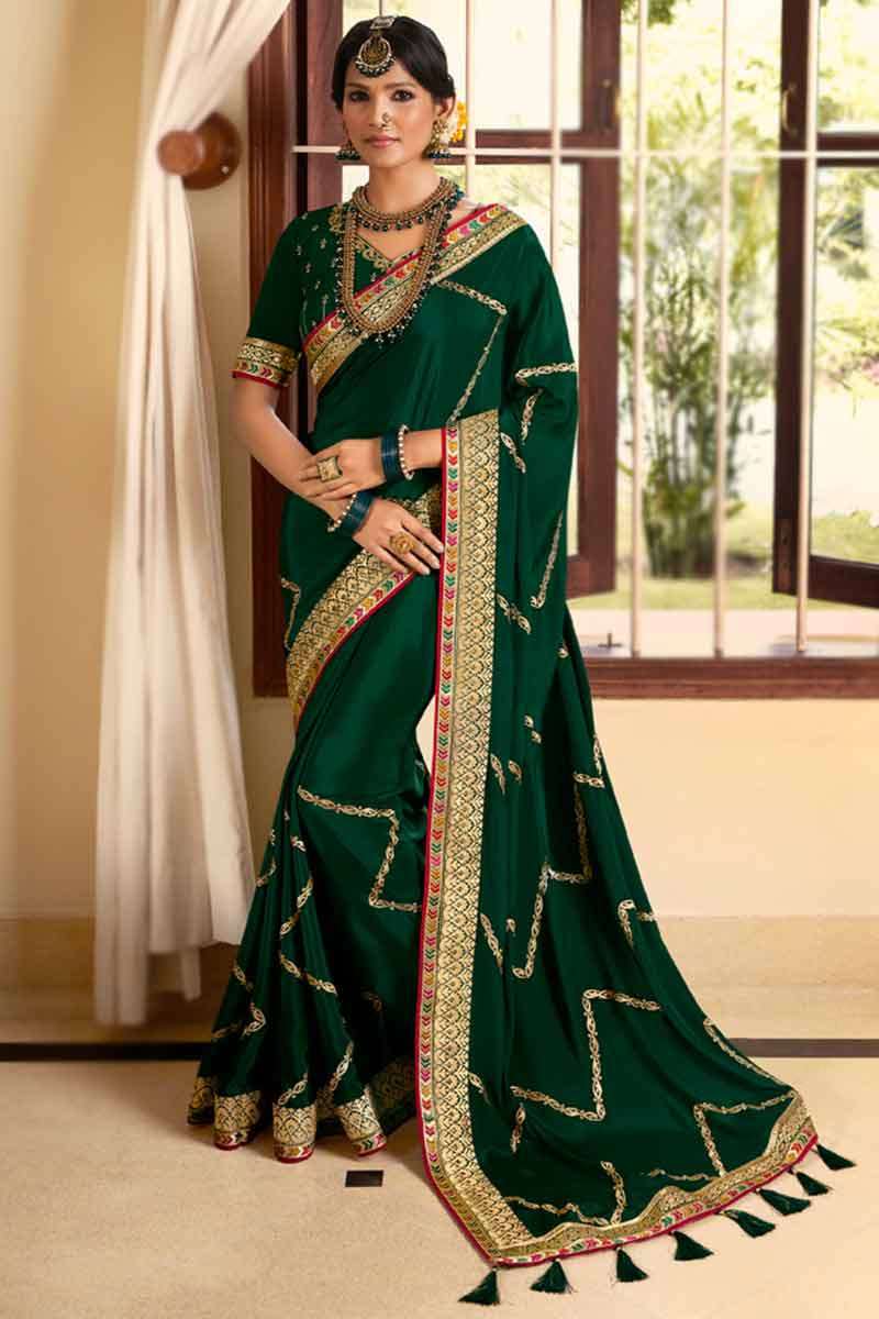 Ethnic Junctions Banarasi Silk Green Weaving Designer Saree