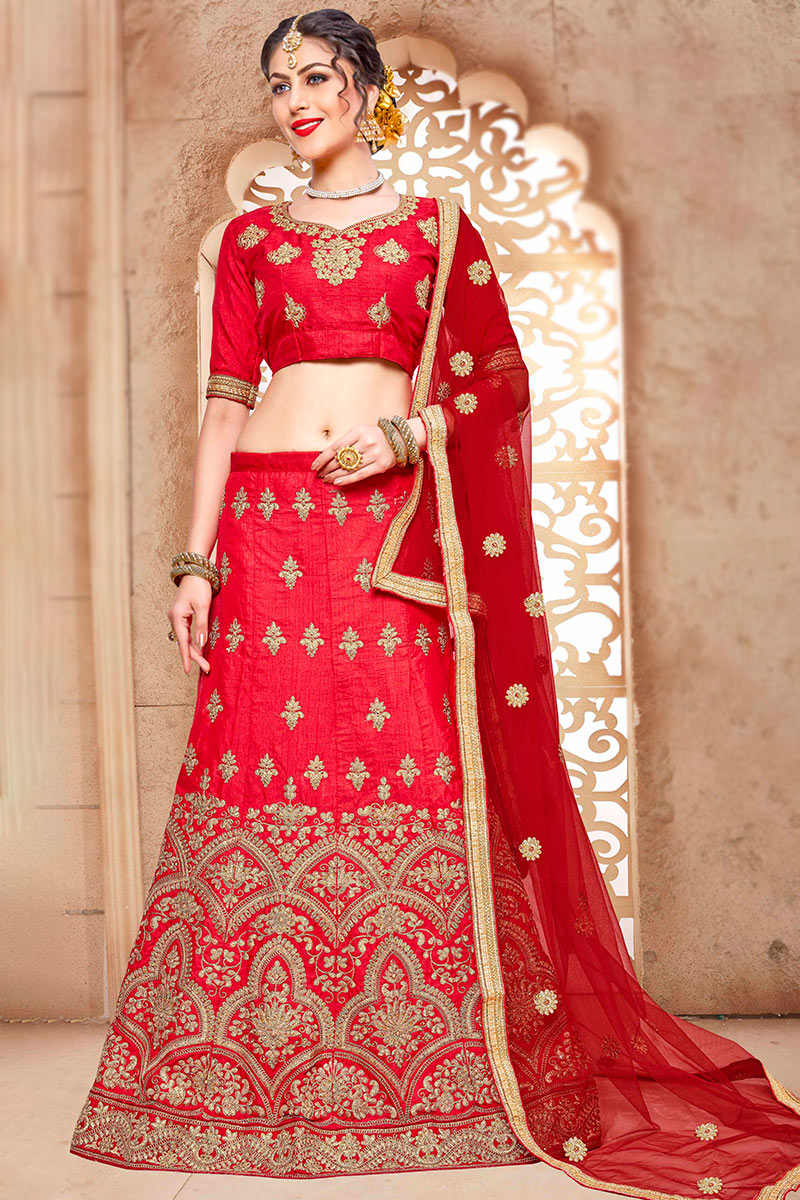 Floor Length Lehenga in Silk Cherry Red for Wedding 